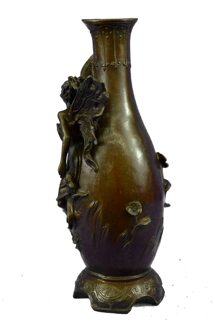 Signed Original Sexy Fairy with Wing Bronze Vase Art Nouveau Sculpture Figurine