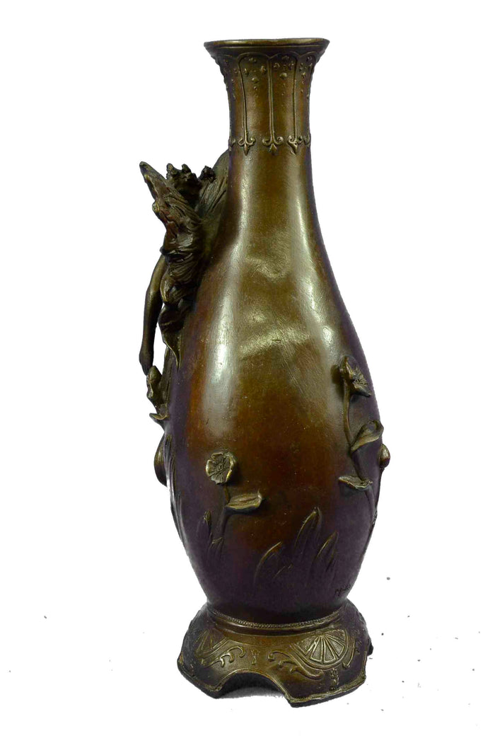 Signed Original Sexy Fairy with Wing Bronze Vase Art Nouveau Sculpture Figurine