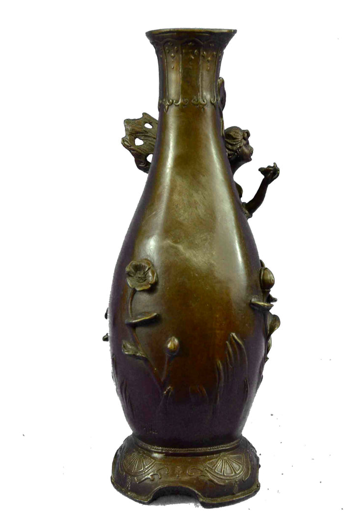 Signed Original Sexy Fairy with Wing Bronze Vase Art Nouveau Sculpture Figurine