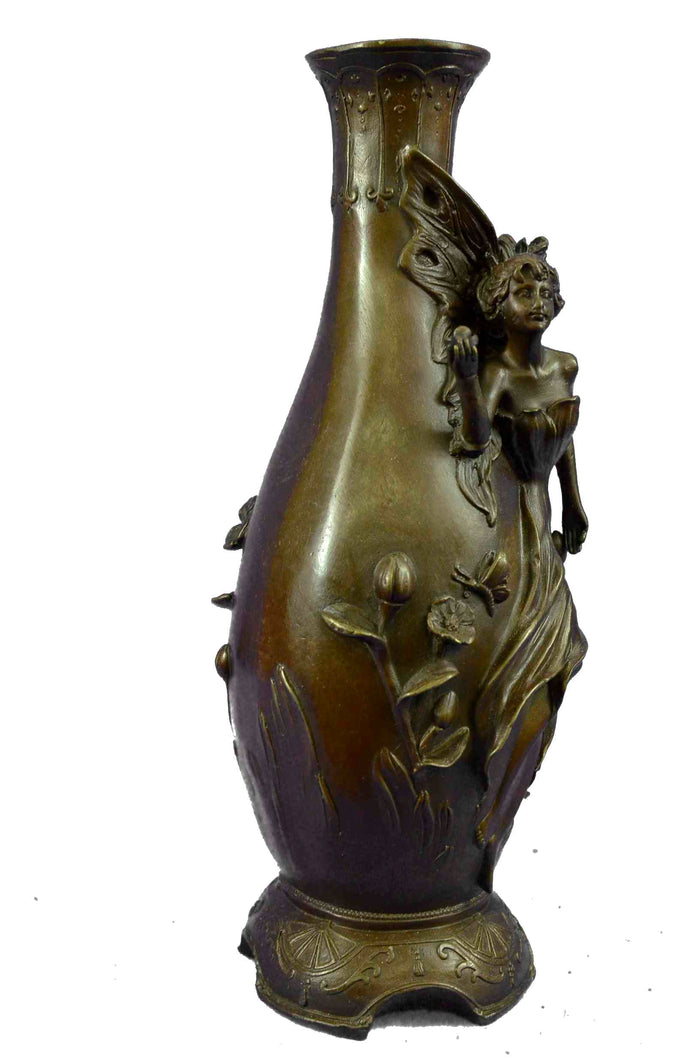 Signed Original Sexy Fairy with Wing Bronze Vase Art Nouveau Sculpture Figurine