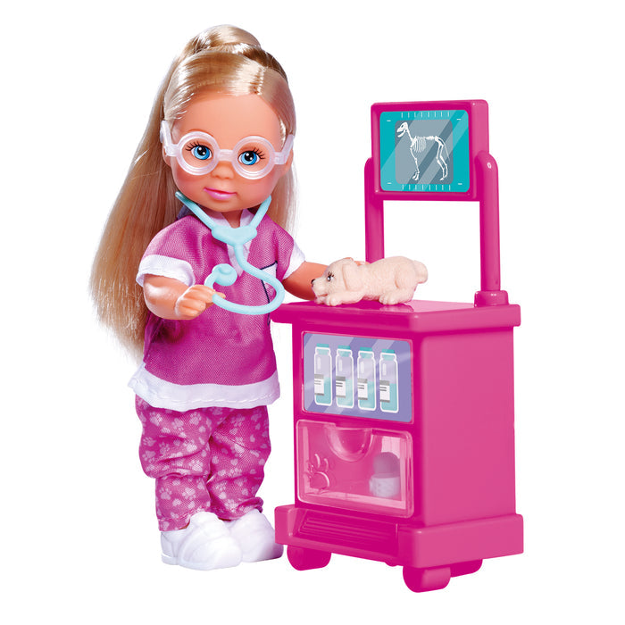 The Simba Dickie EL Puppy Doctor set features an Evi Love doll dressed as a vet with glasses and stethoscope, standing by a pink vet cart and examining a small toy dog with an X-ray image shown on the screen.
