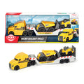 The Simba Dickie Mack Volvo Micro Builder Truck is a yellow toy Mack truck with a white trailer carrying two yellow construction vehicles, ideal for construction play. Shown in and out of its colorful box with illustrated construction scenes.