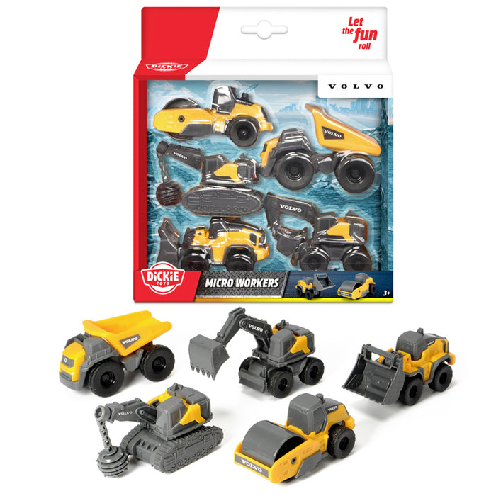 The Simba Dickie Volvo Micro Workers set includes five small yellow and gray vehicles—excavator, dump truck, loader, roller, and bulldozer—in a clear plastic package with red and white branding. Perfect for construction-themed play!.