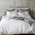 St Genève Sintra 300 thread count percale bedding in crisp white. Available in duvet covers, flat/fitted sheets, shams and pillowcases