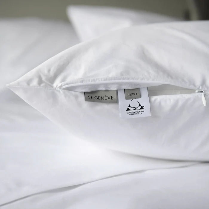 St Genève Sintra 300-thread-count percale bedding in crisp white. Close-up of the sham zippered closure