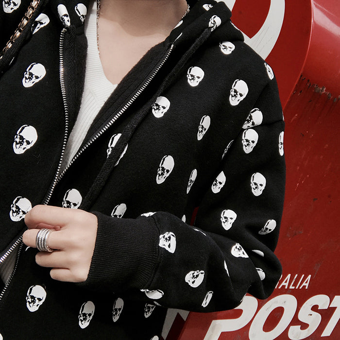 Skull Print Loose Casual Zipper Hoodie