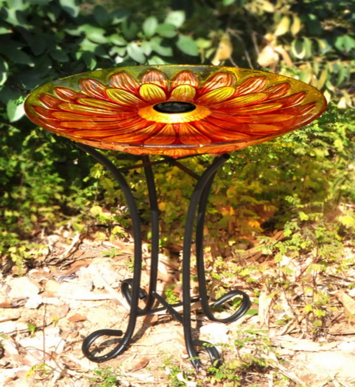 Solar Floral Glass Bird Bath With Stand HI-LINE GIFT LTD.