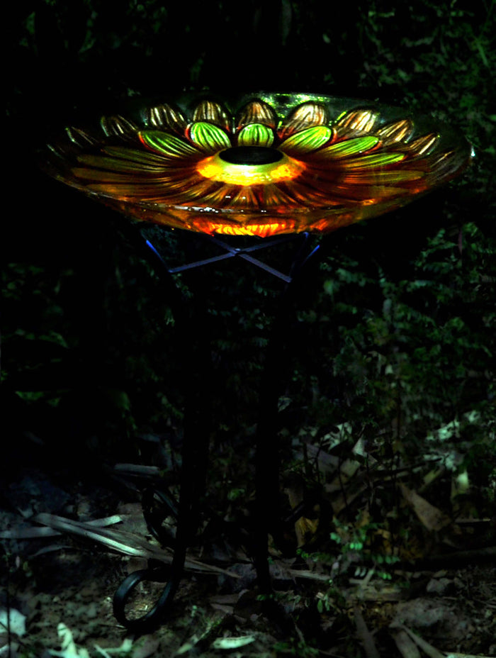 Solar Floral Glass Bird Bath With Stand HI-LINE GIFT LTD.