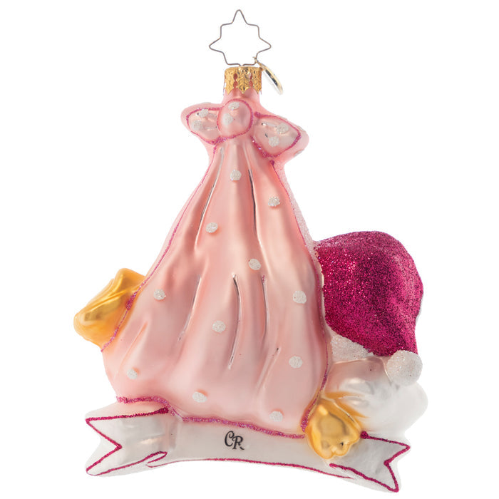 Back - Ornament Description - Special Delivery Girl: Straight from the stork's beak, this charming baby bear rests peacefully in her sling of light pink cloth. Add the name of your newest arrival on the banner to create a truly wonderful family heirloom. Note: Please allow approximately one month (on top of shipping time) for our elves to personalize your ornament.