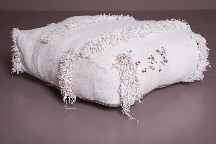 Square Ottoman Pouf with White Shaggy Stripes - kilim pouf