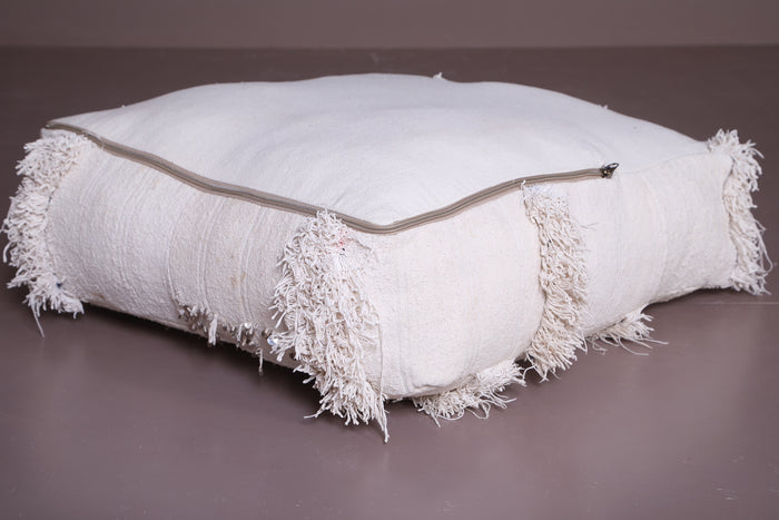 Square Ottoman Pouf with White Shaggy Stripes - kilim pouf