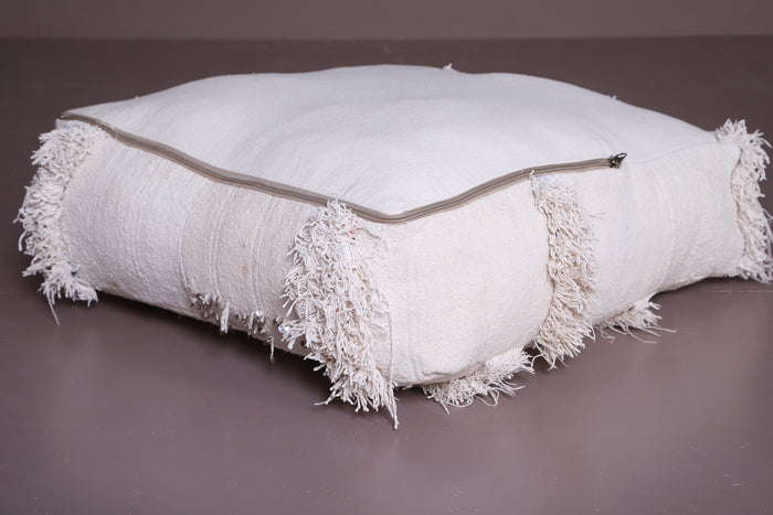 Square Ottoman Pouf with White Shaggy Stripes - kilim pouf