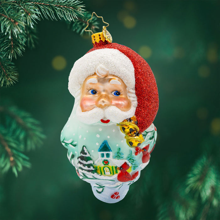 St Nick's Winter Tale ornament. Santa's smiling face and snowy scene with intricate details and a hand-painted beard. View of front.