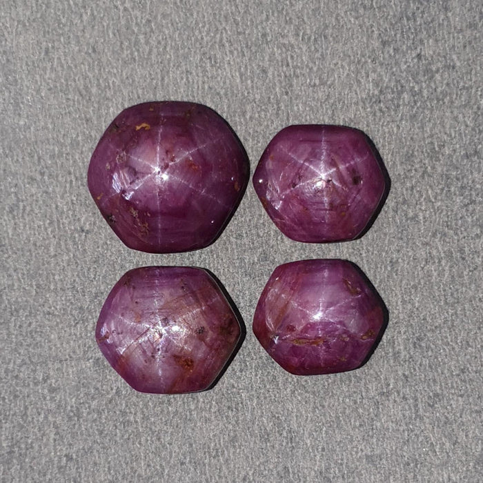 Star Ruby Gemstone Cabochon: 63.20cts Natural Untreated Unheated 6Ray Star Ruby Hexagon Shape 14*12mm - 17*16mm 4pcs Set July Birthstone