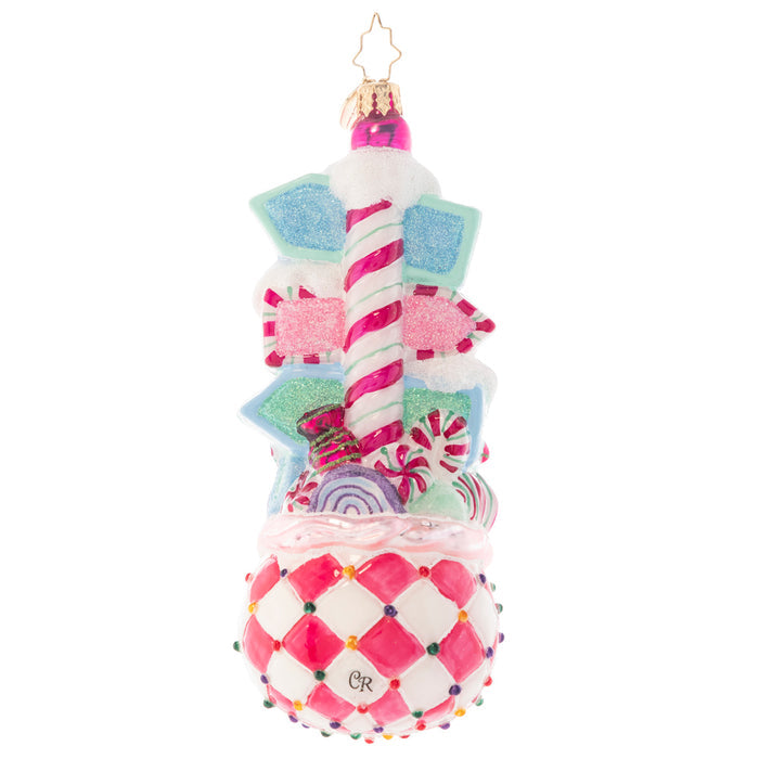 Back- Ornament Description - Sweet Street Treat: Whether you are strolling along Candy Cane Lane or making your way to Sweet Street, you are sure to find this sugary signpost a delight this Christmas! Hand painted with a bright whimsical candy palette, this Christopher Radko ornament will give you sweet dreams throughout the season. Add your own custom street names to each sign to create a truly unique piece