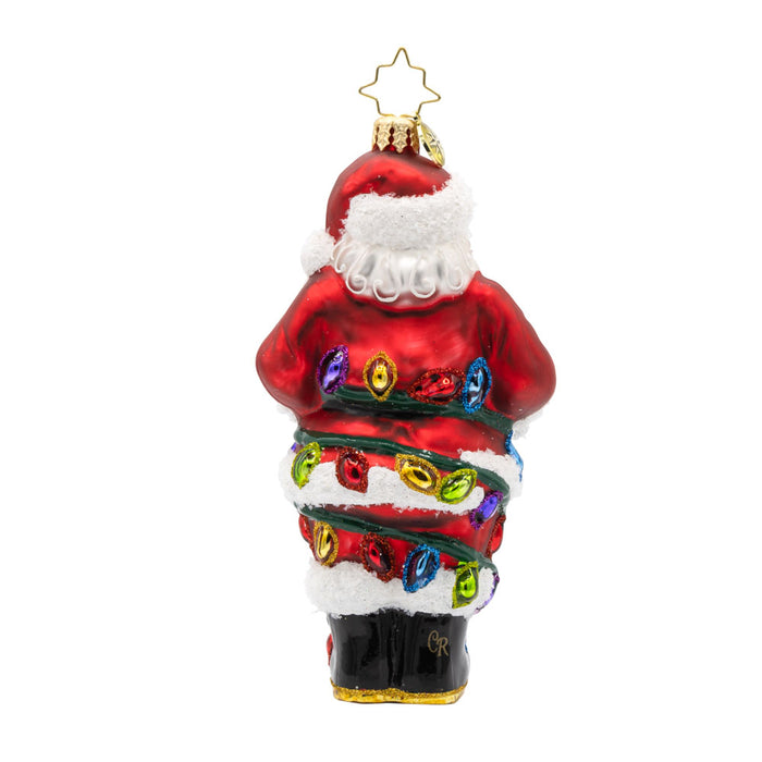 Tangled Up Santa ornament. This Santa's caught in a colorful mess of Christmas lights. View of back.