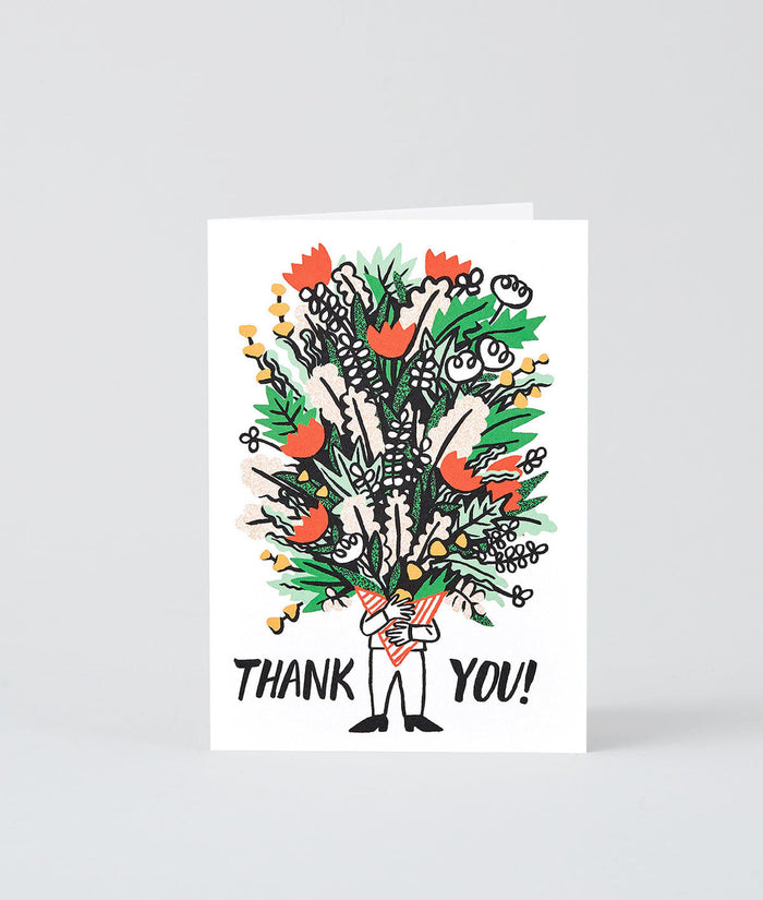 a thank you card by cari vander yacht showing a person holding a very large bunch of flowers