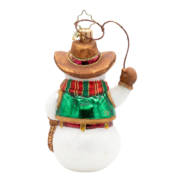 Back view of a snowman ornament with cowboy hat, red, gold and green striped scarf, and lasso. Green vest with gold badge detail. Red and gold buckled belt. Placed on a white background.