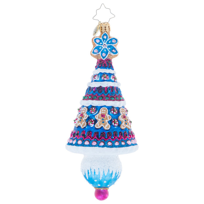 Back - Ornament Description - The Sweetest Season: Trimmed with gingerbread men and topped with a snowflake-shaped Christmas cookie, this tree certainly is the sweetest spruce of the season.