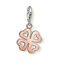 Charm 0946 Cloverleaf: Rose gold clover charm with heart cutouts, silver clasp.