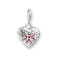 Charm 1313 Locket Heart: Silver filigree heart charm with red enamel detail, perfect gift for Valentine's Day.