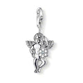 Charm DC0019 Angel: Silver cherub charm with wings, holding a flower and featuring a clear stone.