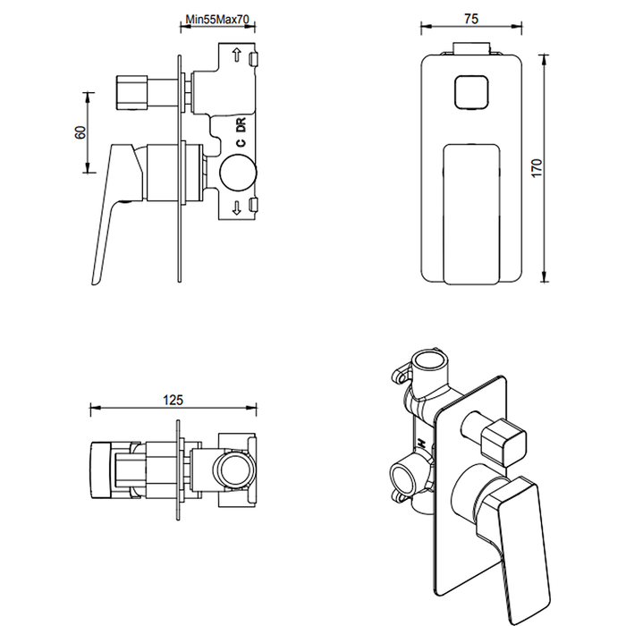Tiago Brushed Nickel Shower Mixer Diverter - Trim Kit Only