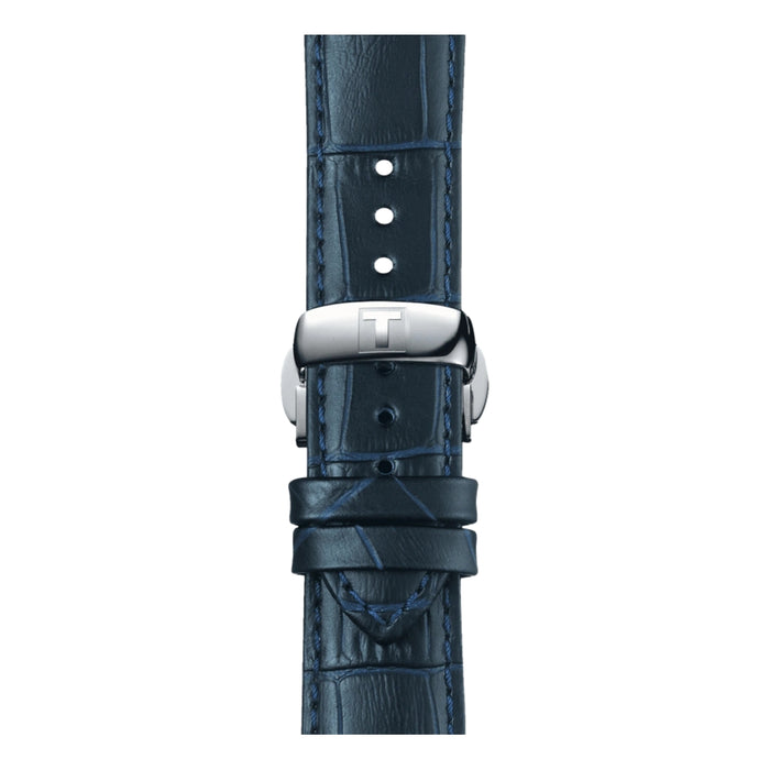 Blue leather watch strap for Tissot 21mm with silver buckle and blue stitching