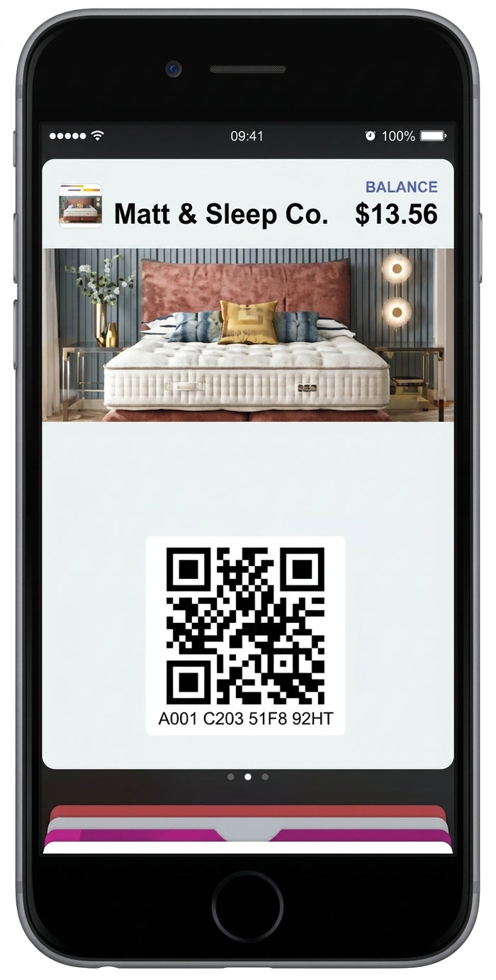 Mattress & Sleep Co. Gift Cards! An example Apple Pay Wallet pass is shown here