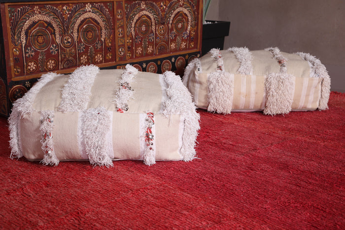 Two berber Poufs Ottoman woven in White - Moroccan kilim pouf