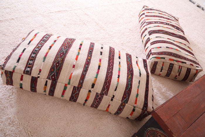 Two Long Moroccan pouf ottoman , Striped rug - kilim poufs