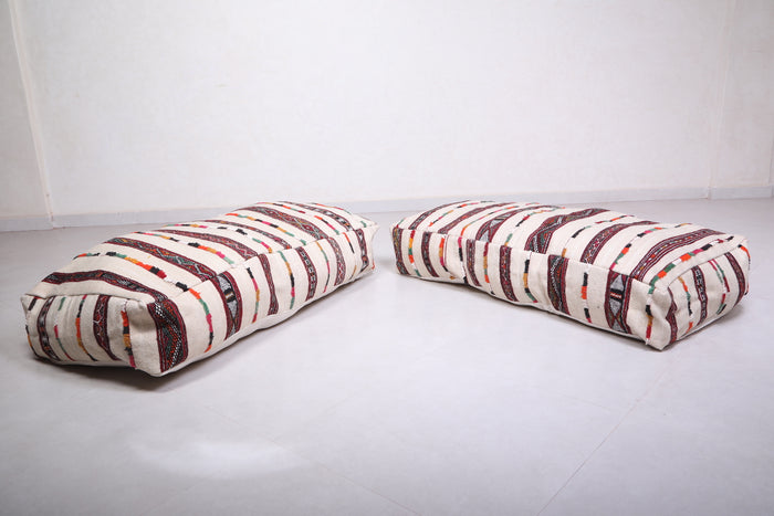 Two Long Moroccan pouf ottoman , Striped rug - kilim poufs