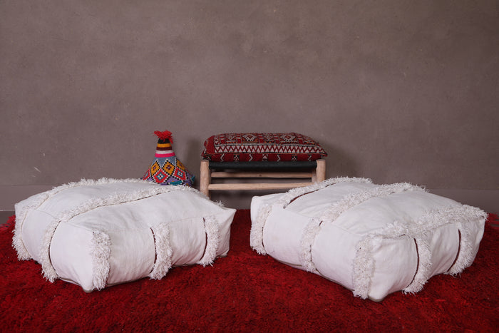 Two moroccan white poufs ottoman - kilim pouf