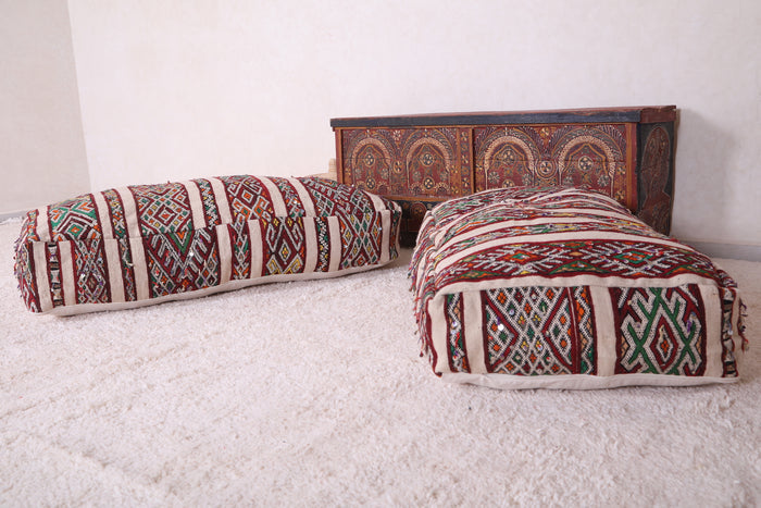 Two Vintage Bohemian Poufs Ottoman 24” x 24” x 13" - kilim poufs