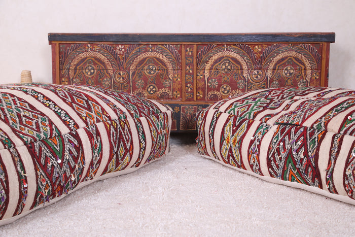 Two Vintage Bohemian Poufs Ottoman 24” x 24” x 13" - kilim poufs