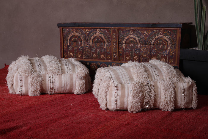 Two White Shaggy ottoman Cushions - kilim pouf