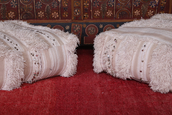 Two White Shaggy ottoman Cushions - kilim pouf