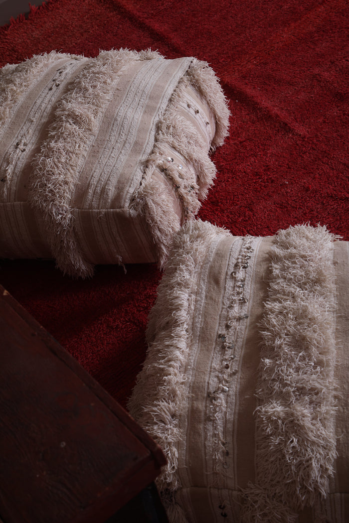 Two White Shaggy ottoman Cushions - kilim pouf