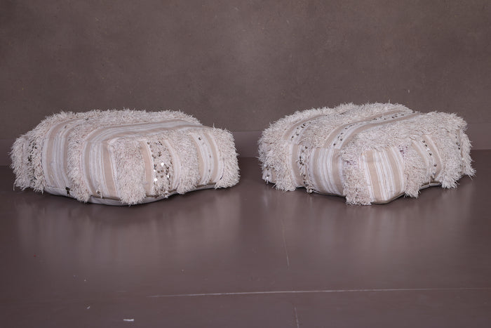 Two White Shaggy ottoman Cushions - kilim pouf