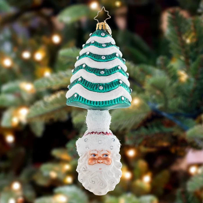 Ornament Description - Under The Tree Santa: Topped with a snow-covered Tannenbaum, this classic Santa ornament is the most wonderful gift of all! His rosy cheeks and droll little smile embody the cheer of the holiday season.