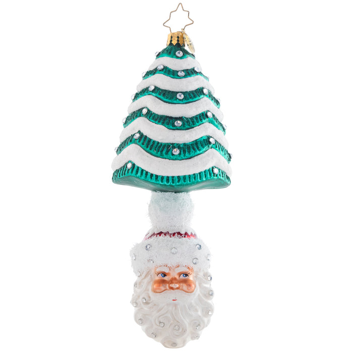 Front - Ornament Description - Under The Tree Santa: Topped with a snow-covered Tannenbaum, this classic Santa ornament is the most wonderful gift of all! His rosy cheeks and droll little smile embody the cheer of the holiday season.