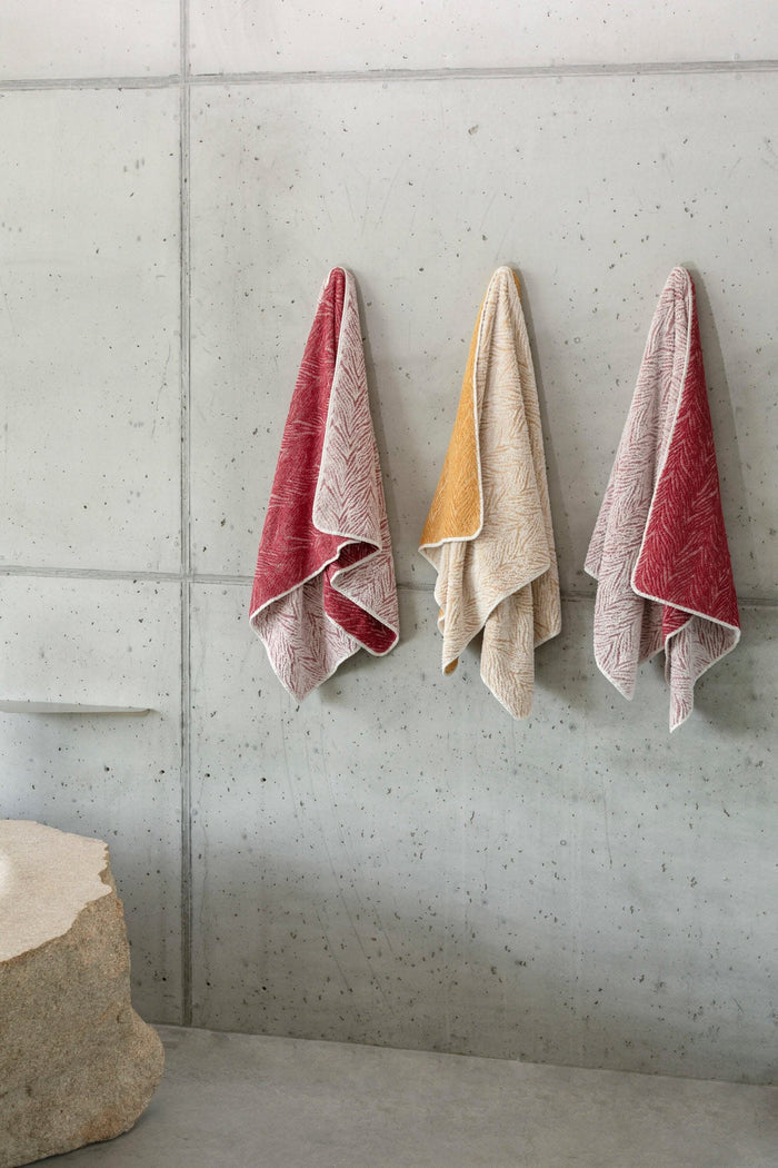 A&H Vasco Towels, Centre: 840 Gold. Left & Right: 578 Canyon
