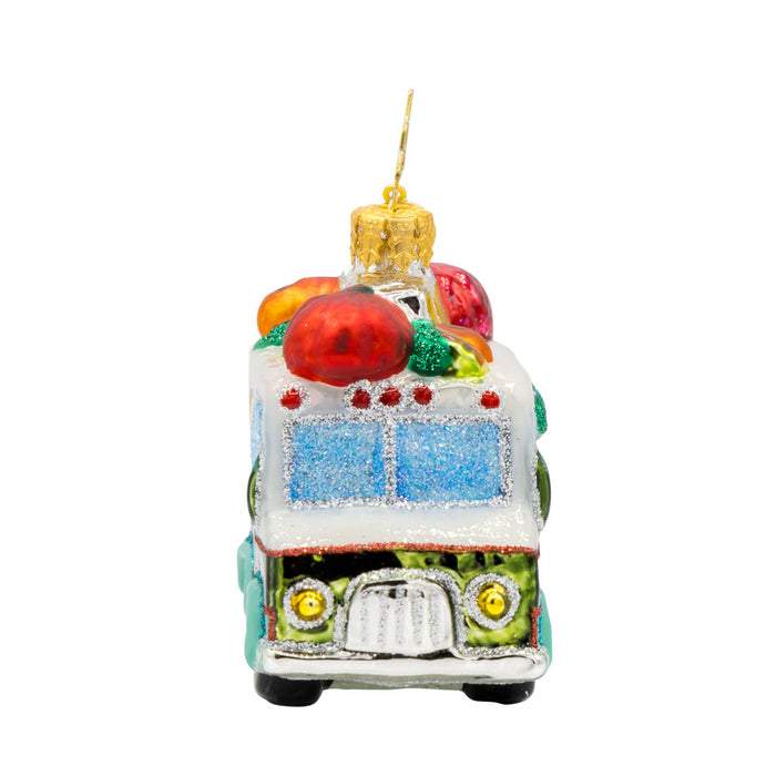 Veggie Express Gem ornament. Juicy fruits and crisp vegetables adorn this produce truck. View of right side.