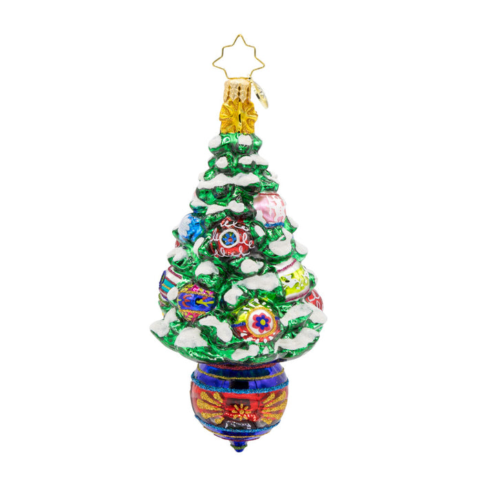 Vintage Holiday Spruce ornament. A Christmas tree decorated with vintage ornaments. A vintage ornament makes up the base of the tree. View of back.