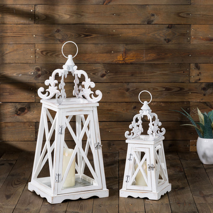 Wash White  European Farmhouse Wooden Lanterns With 3D Metal Lace Top, Set of 2