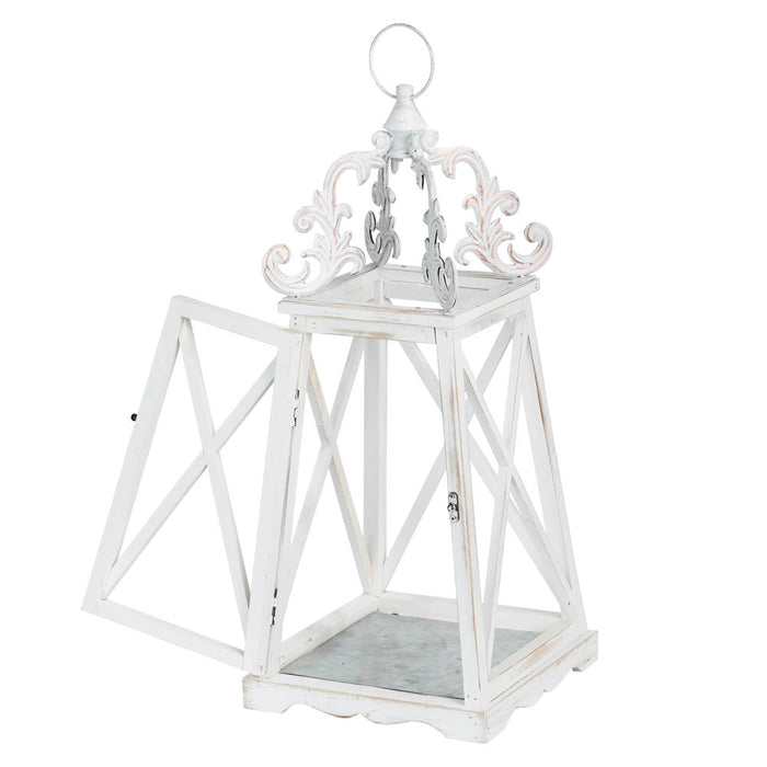 Wash White  European Farmhouse Wooden Lanterns With 3D Metal Lace Top, Set of 2