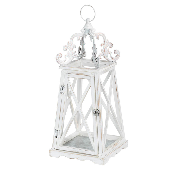 Wash White  European Farmhouse Wooden Lanterns With 3D Metal Lace Top, Set of 2