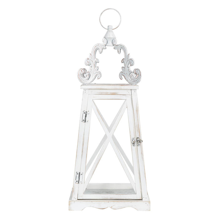 Wash White  European Farmhouse Wooden Lanterns With 3D Metal Lace Top, Set of 2