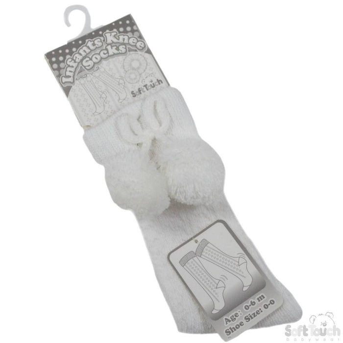 White Infants Pelerine Knee-Length Socks W/Pom Pom - 0-24 Months - PS04-W - Kidswholesale.co.uk