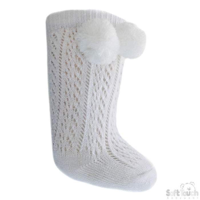 White Infants Pelerine Knee-Length Socks W/Pom Pom - 0-24 Months - PS04-W - Kidswholesale.co.uk